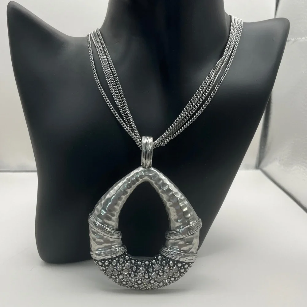 Macy's Silver Tone Open Teardrop Pendant Necklace with Rhinestones 16